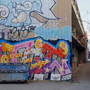 Dumpster in a graffitied alley